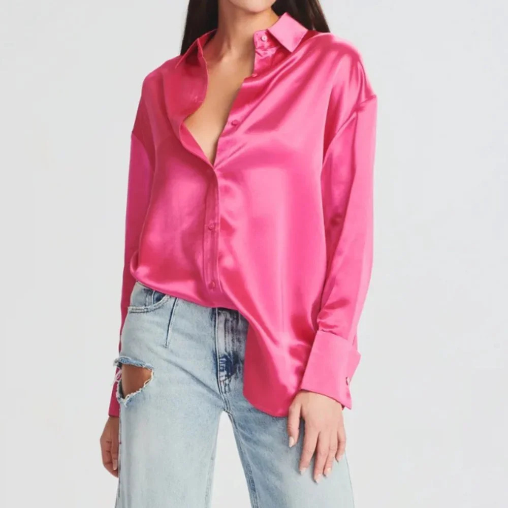 SER.O.YA Mel Top Hot Pink Button Up Front Open Back Blouse S NWT